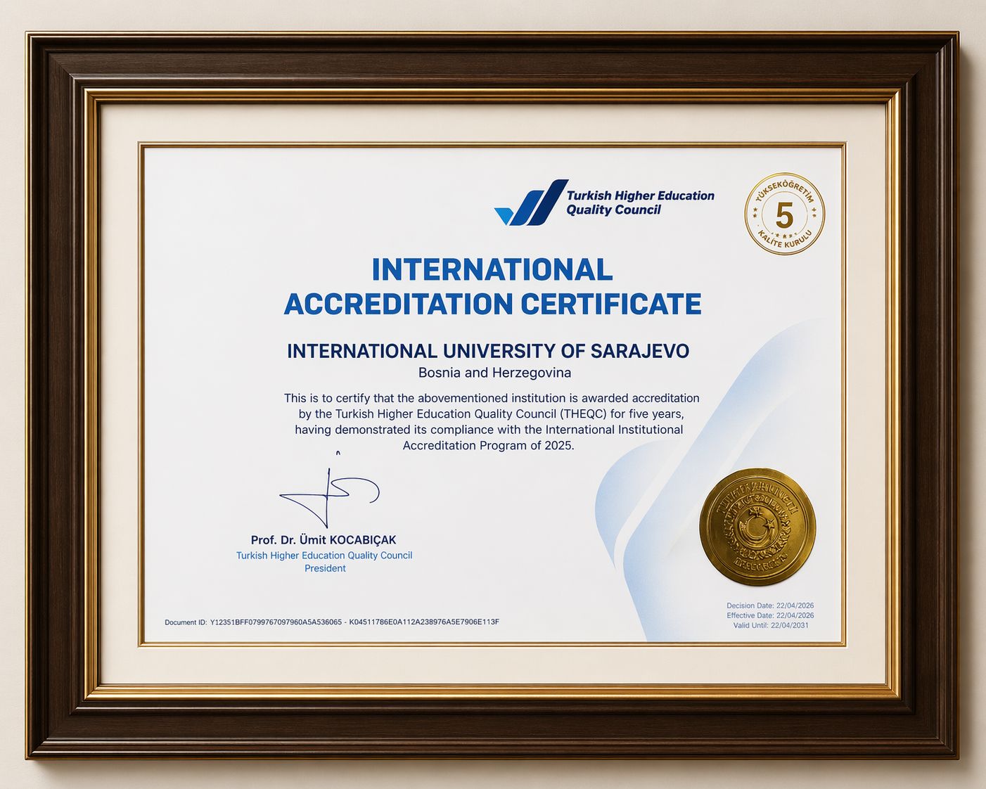 IUS YÖKAK International Institutional Accreditation Certificate, 2025