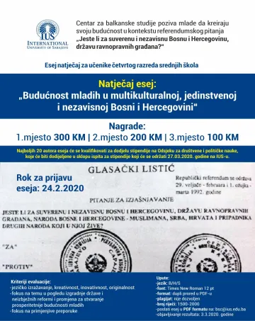  Natječaj za pisanje eseja „Budućnost mladih u multikulturalnoj, jedinstvenoj i nezavisnoj Bosni i Hercegovini“ 