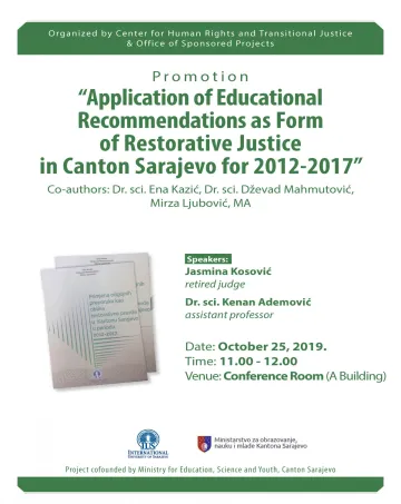  Application of Educational Recommendations as Form of Restorative Justice in Canton Sarajevo for 2012-2017 